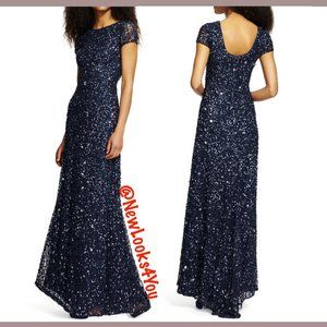 NEW! Adrianna Papell Scoop Back Sequin Mesh Gown in Navy Gunmetal [SZ 6 ]‎